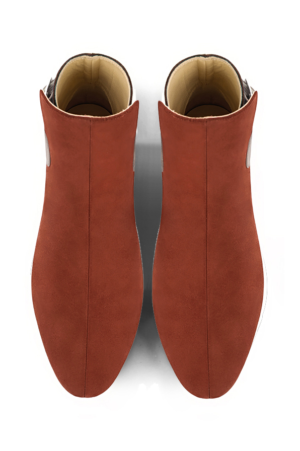 Terracotta orange, dark brown and bronze beige women's ankle boots with buckles at the back. Round toe. Flat block heels. Top view - Florence KOOIJMAN